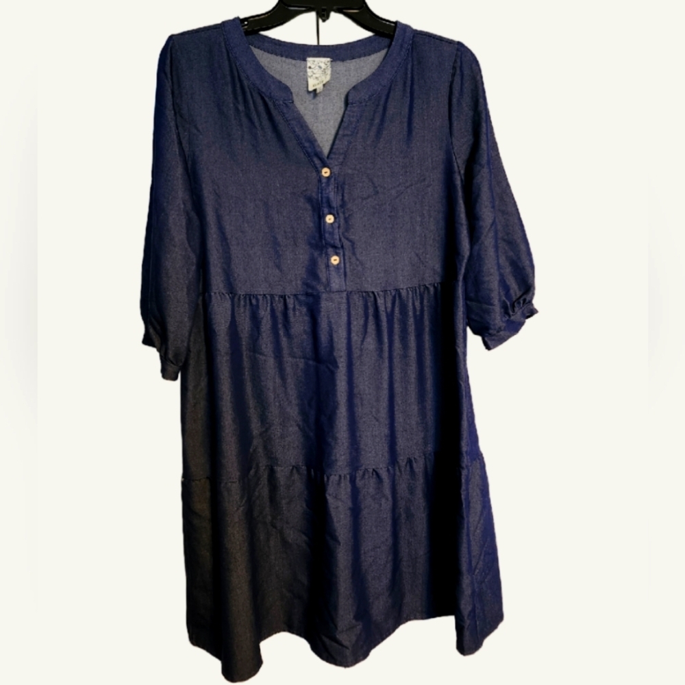 NAIF faux Denim Midi Dress Womens Size M 3/4 Length Sleeves Button Front